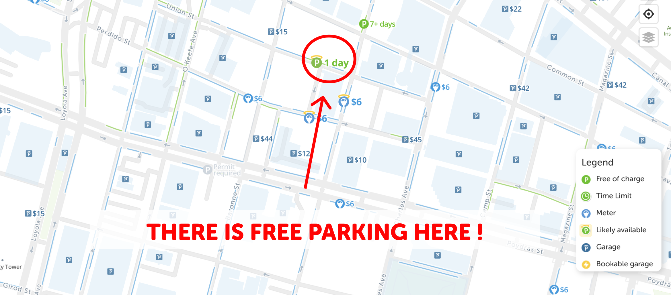 map of free parking in New orleans - SpotAngels